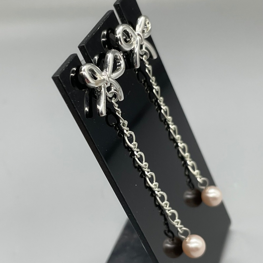 Silver Tone Bow Pink Pearl Drop Dangle Earrings Coquette Bridal Post Back 2" - Picture 2 of 5